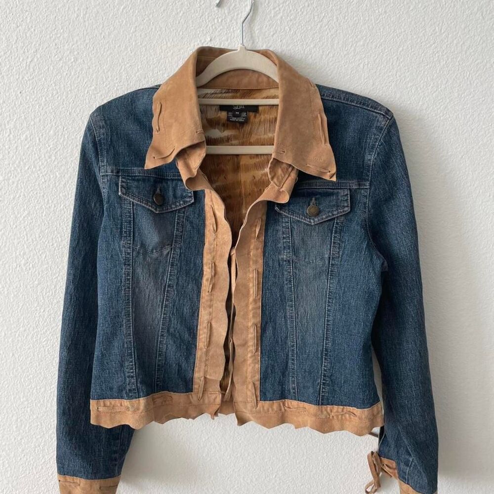 Luii Y2K Denim Leather Jacket Women's M Vintage 2000s Outerwear Luxury Chic Crop